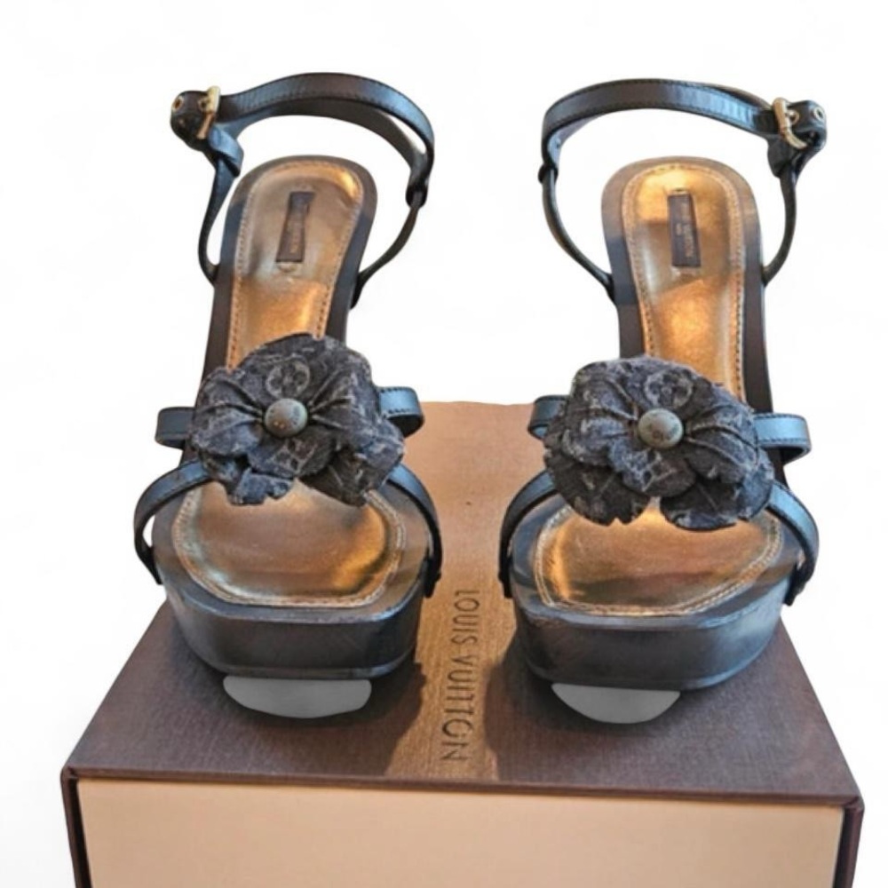 Louis Vuitton Demin Floral Platform Heeled Sandals EU 40